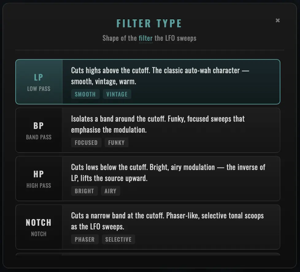 Filter Type modal
